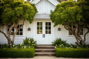 extérieur de de face porte luxe ferme style maison dans campagne, ai généré photo