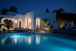 traditionnel méditerranéen maison avec nager bassin été vacances, nuit temps, ai généré photo