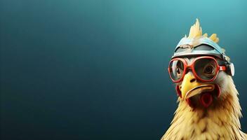 une poulet portant des lunettes de protection et une casque. ai génératif photo