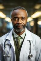 ai génératif. un africain américain médecin dans une blanc manteau pose dans le couloir de une médical facilité. homme à la recherche à caméra photo