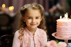 ai génératif. une enfant fille dans une rose chemisier est Aller à coup en dehors le bougies sur une anniversaire gâteau. le fille regards à le caméra et sourit photo
