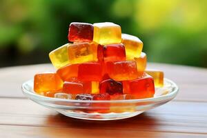 ai génératif. Pomme Cidre le vinaigre bonbons dans une transparent assiette sur une en bois table photo