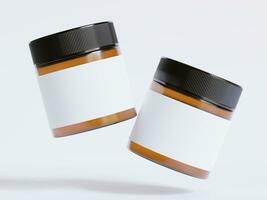ambre verre cosmétique pot avec une réaliste texture Vide étiquette blanc Couleur le rendu 3d Logiciel illustration, marron pot Couleur et noir casquette photo