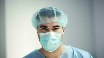 médecin portant une protecteur masque prépare pour chirurgie. génératif ai photo