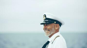 un vieux navire capitaine dans du capitaine tenue dans de face de une paysage marin. génératif ai photo