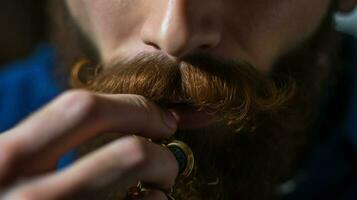 fermer de Jeune branché homme avec barbe et moustache. génératif ai photo