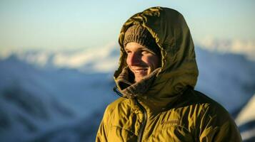 Jeune en voyageant homme randonnée dans le montagnes. génératif ai photo