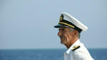 un vieux navire capitaine dans du capitaine tenue dans de face de une paysage marin. génératif ai photo