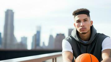 Jeune homme en portant une basket-ball. génératif ai photo