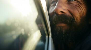 barbu homme penché contre le voiture la fenêtre. génératif ai photo