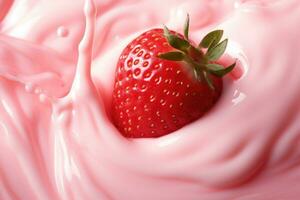 ai généré des fraises dans une laiteux rose éclaboussure. image de fraise yaourt, Milk-shake ou smoothie. photo