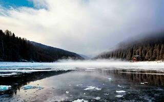 congelé tranquillité une hiver Matin dans le Carpates ai généré photo