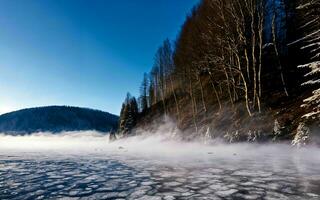 congelé tranquillité une hiver Matin dans le Carpates ai généré photo