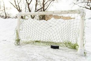 le hockey palet dans le objectif net fermer photo