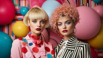 portrait de deux magnifique femmes avec brillant maquillage et coiffure ai généré photo