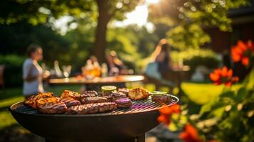 barbecue gril avec délicieux grillé Viande, des légumes et autre nourriture sur été fête ai généré photo