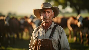 agriculteur permanent dans de face de troupeau de vaches à le coucher du soleil. concentrer sur homme ai généré photo