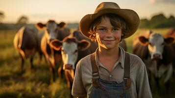 portrait de content garçon permanent dans étable à ferme pendant le coucher du soleil ai généré photo