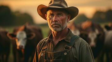 agriculteur permanent dans de face de troupeau de vaches à le coucher du soleil. concentrer sur homme ai généré photo