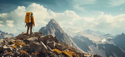 homme permanent sur le Haut de une Montagne avec une magnifique lever du soleil dans le Contexte ai généré photo