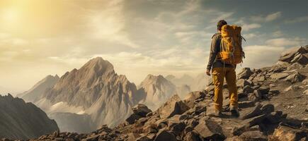 homme permanent sur le Haut de une Montagne avec une magnifique lever du soleil dans le Contexte ai généré photo