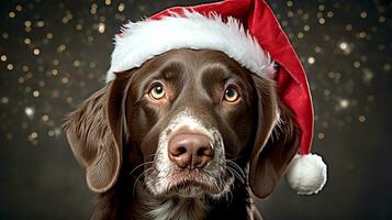 ai généré portrait de une chien portant une Père Noël claus chapeau. joyeux Noël et content Nouveau année fête. génératif ai photo