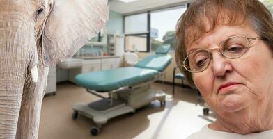 inquiet Sénior femme dans une hôpital avec un l'éléphant dans le chambre. photo