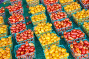 fraîchement choisi sélection de biologique tomates sur afficher à le Les agriculteurs marché. photo