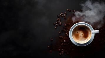 une tasse de chaud café et rôti café des haricots avec une foncé Contexte pour fond - Haut vue ai génératif photo