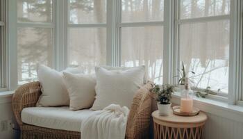 hiver confortable coin avec oreillers et une vue de neigeux paysage. génératif ai photo