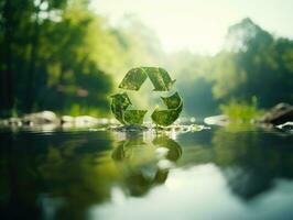 écologique recycler symbole sur l'eau avec forêt Contexte. génératif ai photo