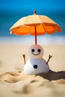 bonhomme de neige en dessous de parapluie sur ensoleillé plage. génératif ai photo