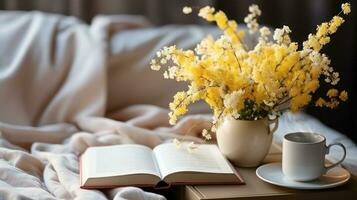 magnifique bouquet de mimosa, petit déjeuner dans lit, chaud printemps matin, international aux femmes journée photo