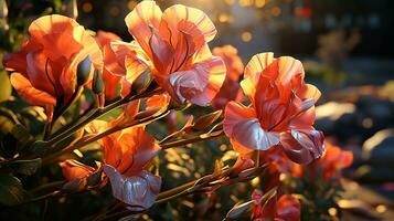 sucré pois fleur le coucher du soleil ou lever du soleil ciel idyllique sur d'or heures ai généré photo