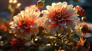 zinnia fleur le coucher du soleil ou lever du soleil ciel Jaune lumière sur d'or heures ai généré photo