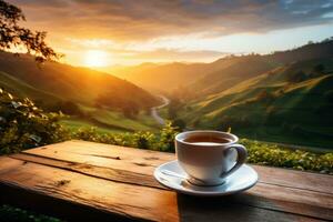 Frais café tasse Extérieur dans de face de magnifique la nature lever du soleil. génératif ai photo