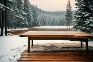 ai généré hiver Contexte avec copie espace sur une en bois bureau avec une hiver vue de pin des arbres dans le Contexte avec une clair ciel photo