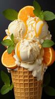 la glace crème cône Orange et vanille du froid dessert ai généré photo