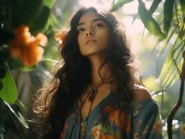 une femme avec longue cheveux permanent dans de face de certains fleurs génératif ai photo