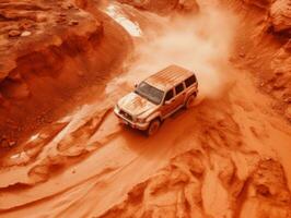 un de - route véhicule conduite par un Orange le sable dune génératif ai photo