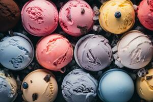 coloré boules de la glace crème sur une noir Contexte génératif ai photo