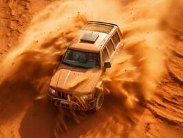 un Orange jeep conduite par le le sable dans le désert génératif ai photo