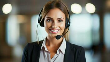 ai généré femme téléphone casque Bureau opérateur soutien affaires photo