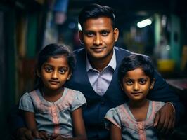 un Indien homme pose avec deux peu les filles génératif ai photo