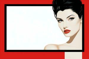une femme avec noir cheveux et rouge lèvres est dans de face de une rouge Contexte génératif ai photo