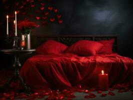 ai généré ai génération. romantique valentines journée Contexte avec lit avec rouge draps, Rose pétales photo