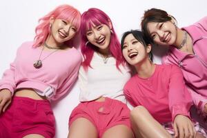 quatre asiatique femmes dans rose tenues sont souriant pour le caméra génératif ai photo
