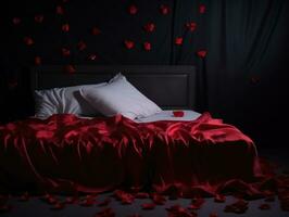 ai généré ai génération. romantique valentines journée Contexte avec lit avec rouge draps, Rose pétales photo