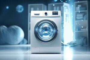 moderne la lessive machine dans blanchisserie pièce avec vêtements. génératif ai photo
