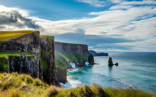 ai généré majestueux paysages marins, lever du soleil éclairant rocheux falaises le long de une robuste côtier littoral photo